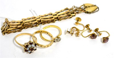 Lot 60 - A 9ct gold bracelet, two 9ct gold rings, a diamond two stone ring and two pairs of earrings