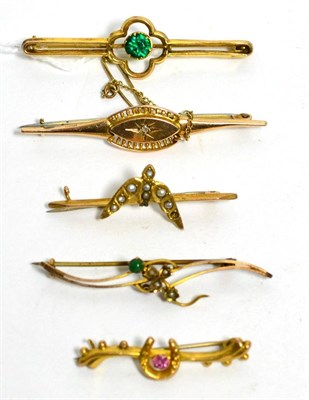 Lot 62 - A diamond set brooch and four gem set brooches, stamped '9CT' (5)