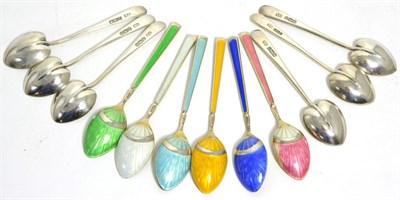 Lot 64 - A set of six silver and enamel coffee spoons, together with a set of six Art Nouveau coffee...