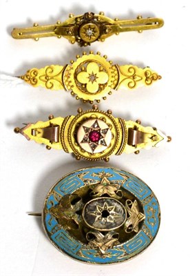 Lot 75 - A Victorian diamond set brooch, stamped '15ct', a 9ct gold example, another and an enamel brooch
