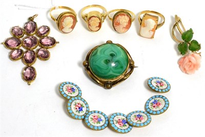 Lot 81 - Seven enamelled dress buttons, a coral and nephrite rose brooch, a glass brooch, a purple paste...