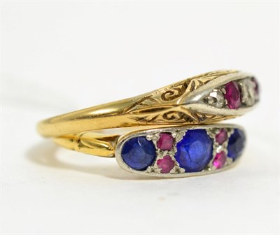Lot 84 - A diamond and ruby ring, finger size Q, stamped '18CT' and a gem set ring, finger size H1/2,...