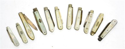 Lot 87 - Eleven mother of pearl fruit pen knives with silver blades including a Sampson Mordan example