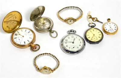 Lot 88 - An 18ct gold fob watch, two 9ct gold lady's wristwatches, a full hunter plated pocket watch,...