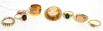 Lot 94 - A 9ct gold signet ring, a 9ct gold eternity ring, a 9ct gold double band ring, three other...