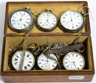 Lot 110 - Four silver pocket watches, two other pocket watches with cases stamped 0.935 and 925, two...