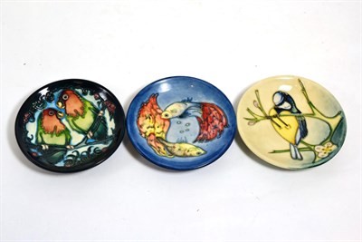 Lot 112 - Moorcroft pottery: a group of three coasters, Lovebirds (trial) MCC 2000 (Moorcroft Collectors...