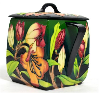 Lot 129 - A Moorcroft pottery ";Pencarrow"; pattern biscuit jar and cover by Emma Bossons (boxed), 17.5cm