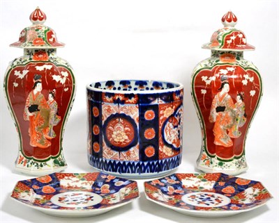 Lot 172 - A pair of Imari octagonal plates; together with a pair of vases and covers and another (5)