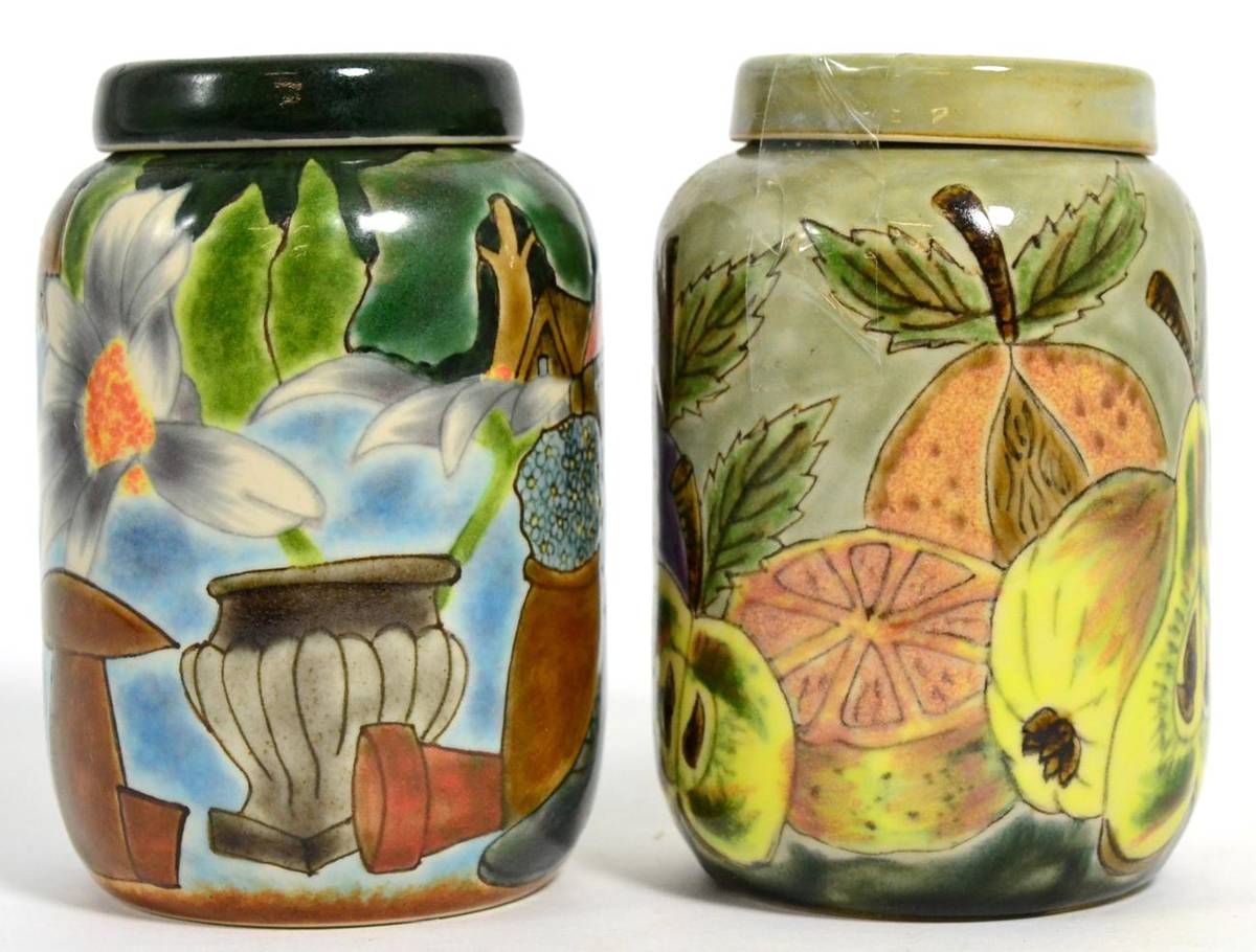 Lot 175 - Cobridge pottery: two lidded jars, Harvest Medley by Nicola Slaney and The Old Woman Who Lives in a