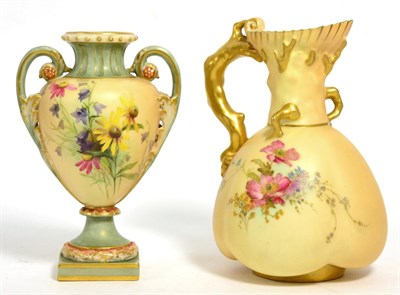 Lot 179 - A Royal Worcester blush ivory ewer with naturalistic handle and a twin handled pedestal vase (2)