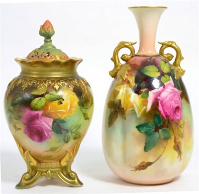 Lot 184 - A Royal Worcester twin handled vase painted with roses; and a similarly decorated vase with...