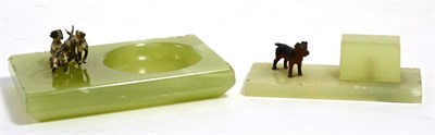 Lot 195 - A green onyx ashtray and a green onyx match holder mounted with dogs