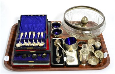 Lot 196 - A group of silver items to include condiments, four sets of cased spoons, a silver mounted cut...