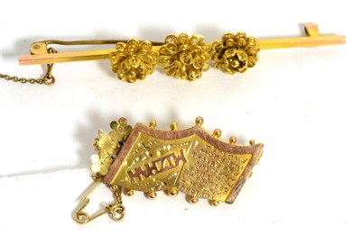 Lot 217 - A cannetille bar brooch, stamped '9CT' and a Mizpah brooch (2)