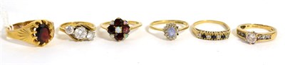 Lot 220 - A 9ct gold garnet signet ring and five other 9ct gold rings