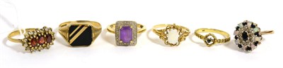 Lot 222 - A 9ct gold opal and sapphire ring and five other 9ct gold rings