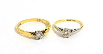 Lot 223 - An 18ct gold diamond solitaire ring, 0.10 carat approximately, finger size M and another...