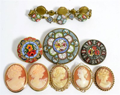 Lot 225 - Three micro mosaic brooches, a micro mosaic bracelet and five shell cameo brooches