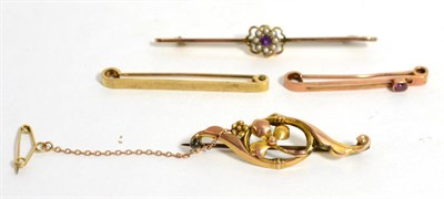 Lot 228 - An Art Nouveau brooch, an amethyst and seed pearl bar brooch and two other brooches, stamped...