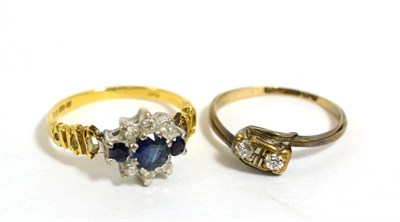 Lot 237 - An 18ct gold sapphire and diamond cluster ring, finger size M1/2 and a 9ct gold diamond two...