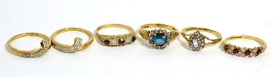 Lot 238 - A 9ct gold diamond double band ring set, finger size N and four other 9ct gold gem set rings (5)