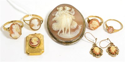 Lot 240 - A carved shell cameo depicting two maidens, a cameo set locket, a pair of cameo earrings and...