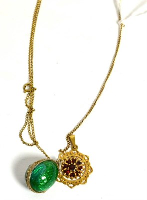 Lot 252 - An enamel egg pendant on chain, a 9ct gold pearl set pendant, and a 9ct gold garnet pendant on...