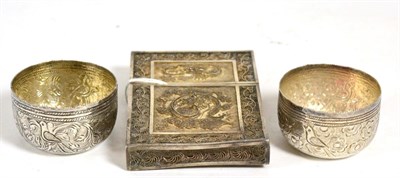 Lot 272 - Pair of Middle Eastern white metal salts together with a Chinese filigree card case decorated...