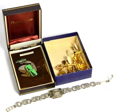 Lot 289 - A group of enamel and other cufflinks and a marcasite cocktail watch