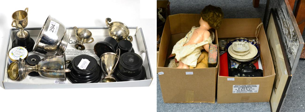 Lot 294 - A group of miscellaneous including a silver bowl, five silver trophy cups, teddy bears,...