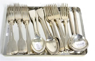 Lot 295 - Assorted silver flatware including a pair of reproduction seal top spoons, fiddle pattern...