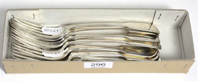 Lot 296 - Part set of five silver fiddle pattern table forks, London hallmark; and another part set of...