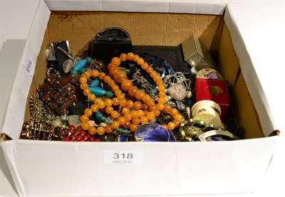 Lot 318 - A box of assorted costume jewellery, a silver topped scent bottle, souvenir spoons etc