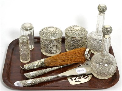 Lot 335 - Various dressing table items comprising two scent bottles with silver lids, four assorted...