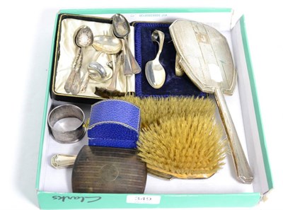 Lot 349 - Assorted silver items to include cigarette case, dressing table mirror and brushes, sovereign case