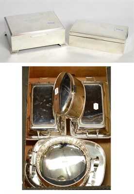 Lot 362 - Two silver cigarette boxes; together with a collection of silver plated wares including entree...