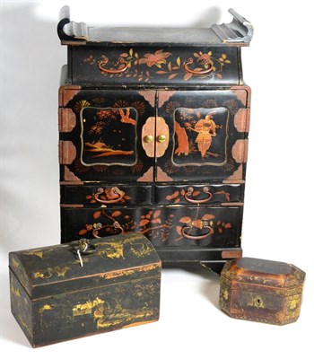 Lot 373 - A Chinese lacquer tea caddy with pewter interior caddy; and English chinoiserie box with hinged...