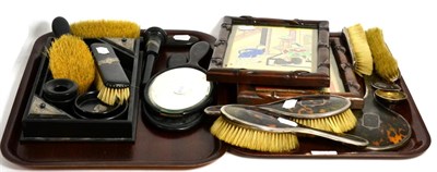 Lot 385 - Ebony and silver mounted dressing table wares; similar, silver and tortoiseshell items, and a...