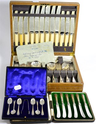 Lot 393 - A canteen of silver plated flatware, cased set of silver teaspoons and a cased set of silver...