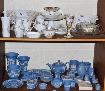 Lot 408 - A large group of Wedgwood blue Jasperware ceramics together with assorted Aynsley and other...