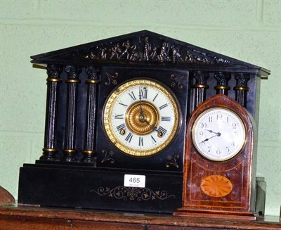 Lot 465 - A slate mantel clock of architectural form, together with an inlaid mahogany mantel clock