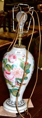 Lot 469 - Opaline glass table lamp and shade decorated with a courting couple and flowers