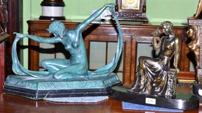 Lot 476 - Two Art Deco style spelter figures on marble bases (a.f)