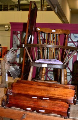 Lot 1015 - A pair of mahogany wall hanging display shelves; a folding cake stand and two child's chairs (5)