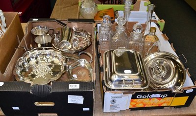 Lot 1018 - Assorted silver plated items including entree dishes, together with a group of decanters (two...