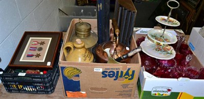 Lot 1023 - A copper kettle, a brass lamp, brass holy water font, cased carving set, stationary rack etc