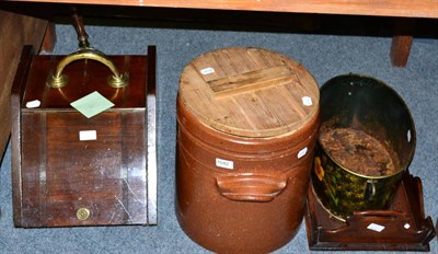 Lot 1042 - A toleware bin, an inlaid housemaids tray, a coal purdonium and a flour bin