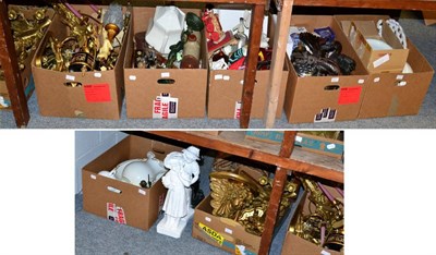 Lot 1051 - Seven boxes including reproduction gilt wall sconces, modern decorative ceramics and other...