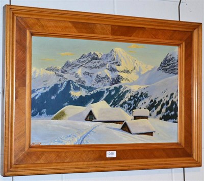 Lot 1058 - W. Vogel (20th century) chalets in a snow covered mountainous landscape, signed, oil on canvas